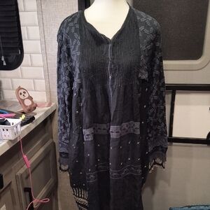 Johnny Was Small Black and Flocked Blue Design Embroidered Dress, EUC